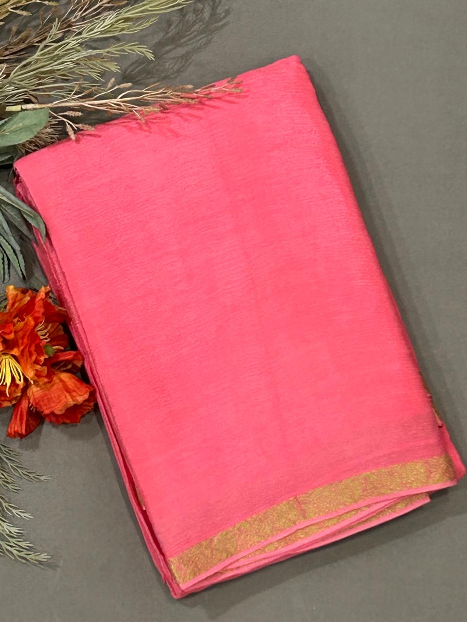 Baby pink with golden zari small border chinon silk saree