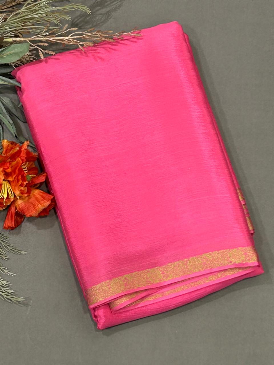 Pink with golden zari small border chinon silk saree