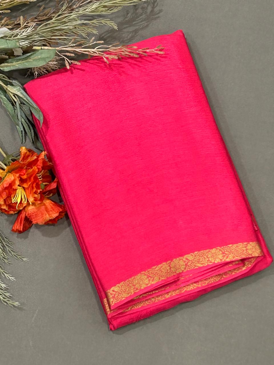 Pink 01 with golden zari small border chinon silk saree