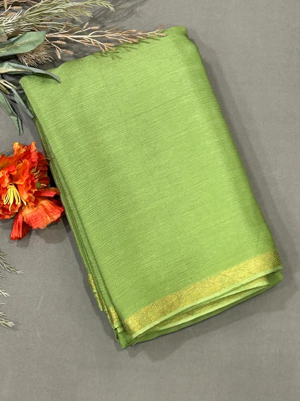 Pista green with golden zari small border chinon silk saree