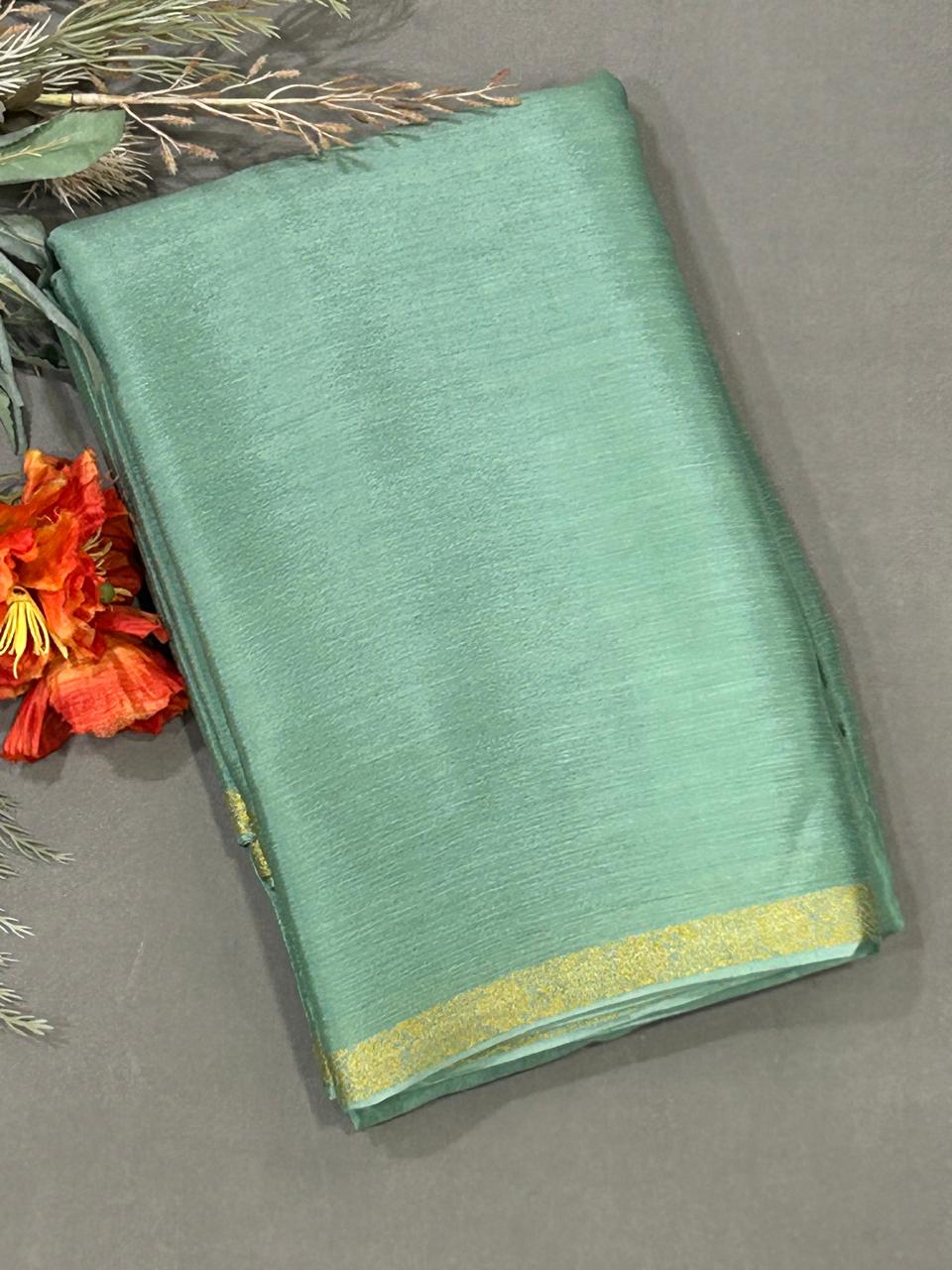Olive green with golden zari small border chinon silk saree