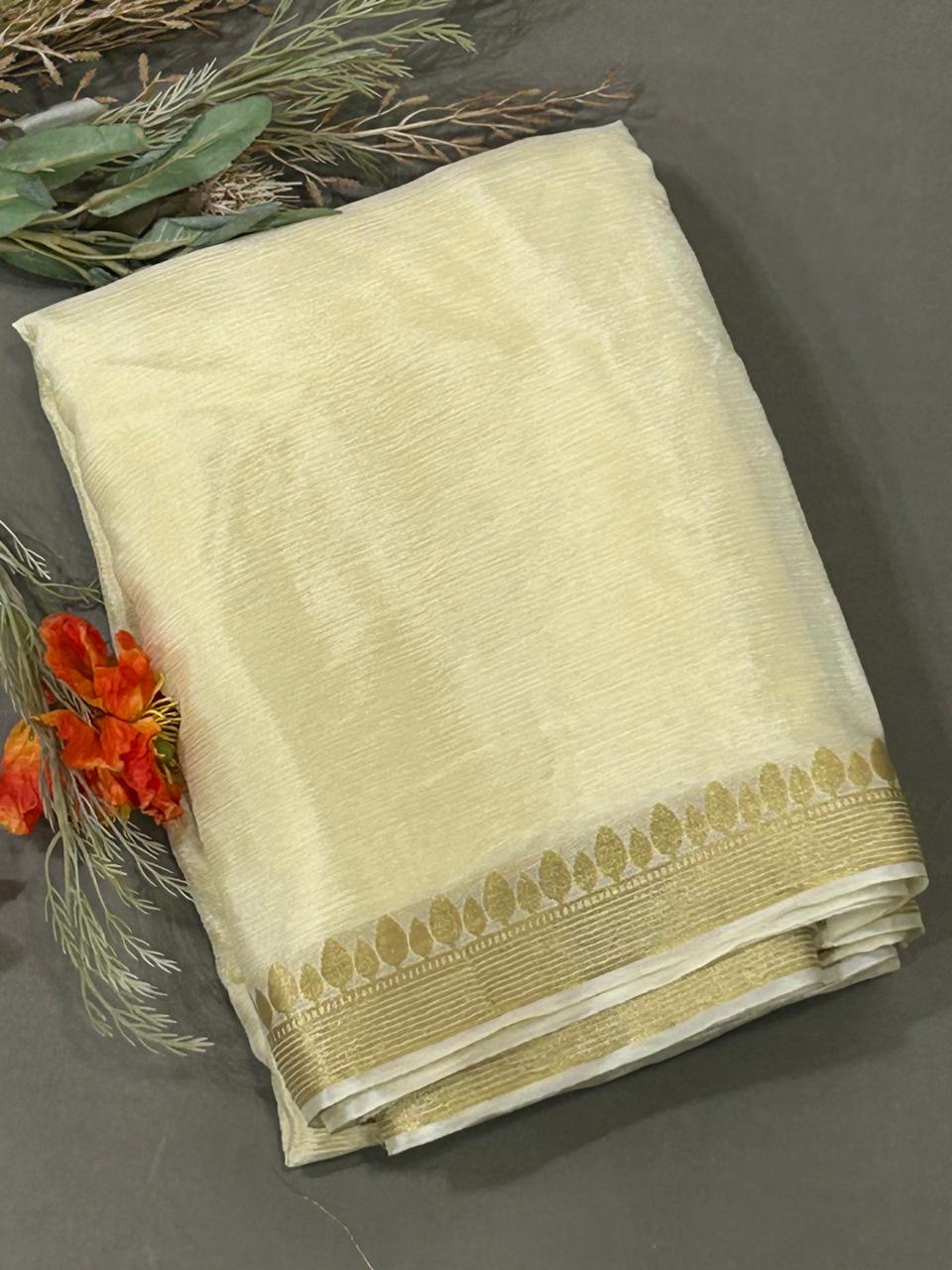Cream with golden zari border chinon silk saree