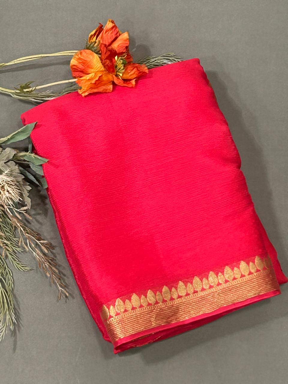 Strawberry pink with golden zari border chinon silk saree