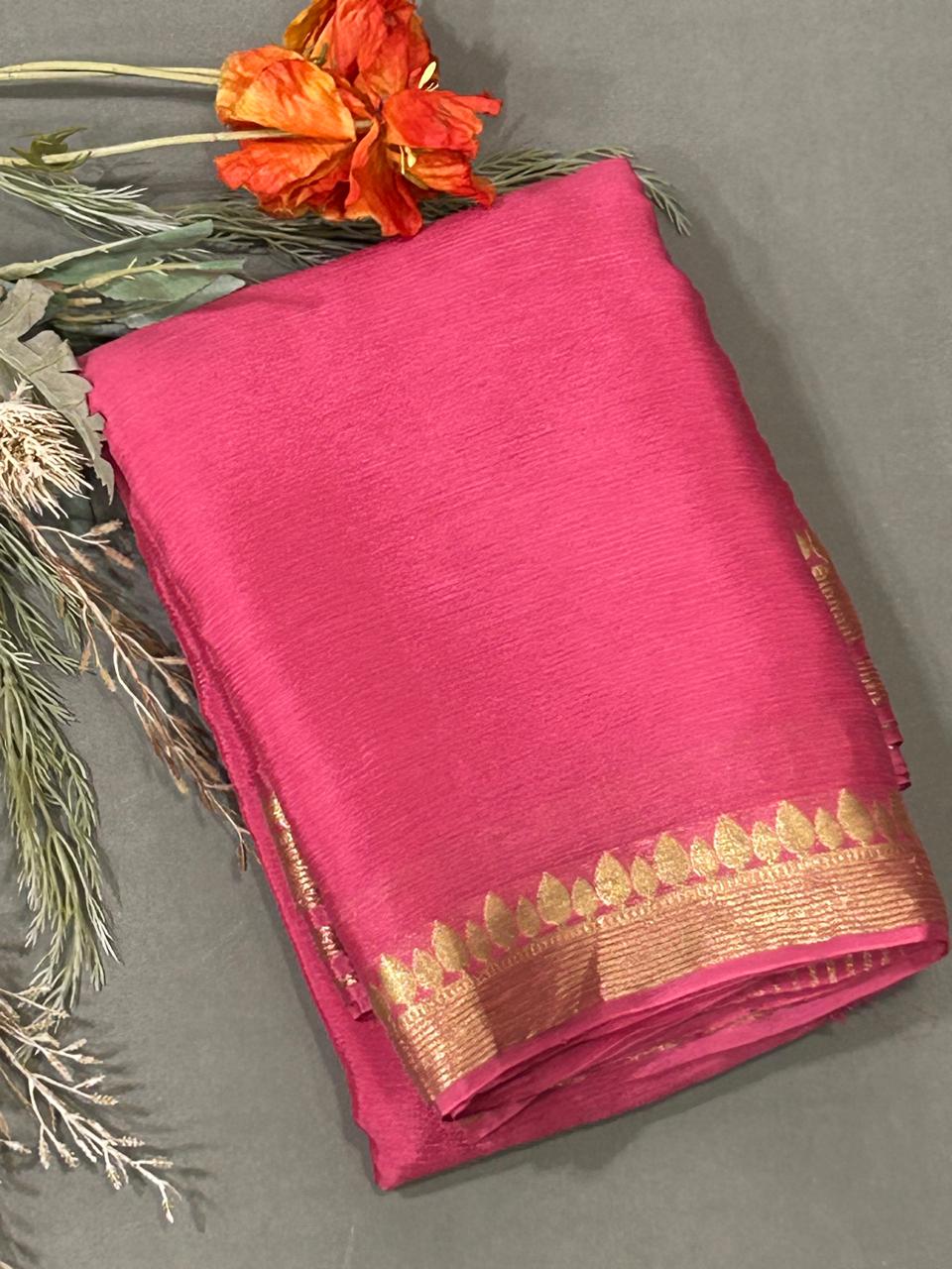 Baby pink with golden zari border chinon silk saree