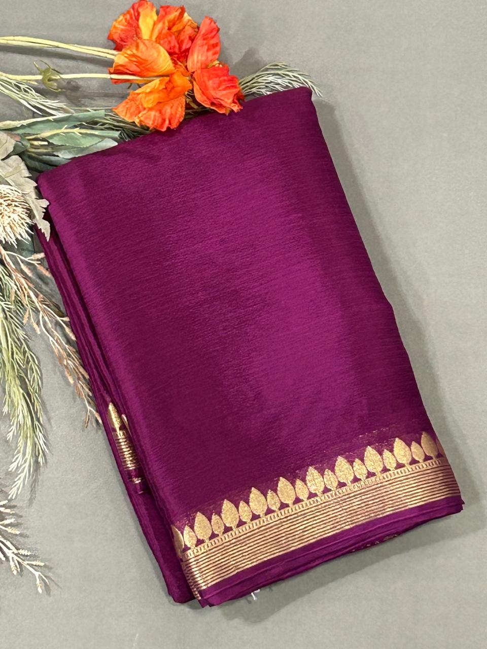 Wine with golden zari border chinon silk saree