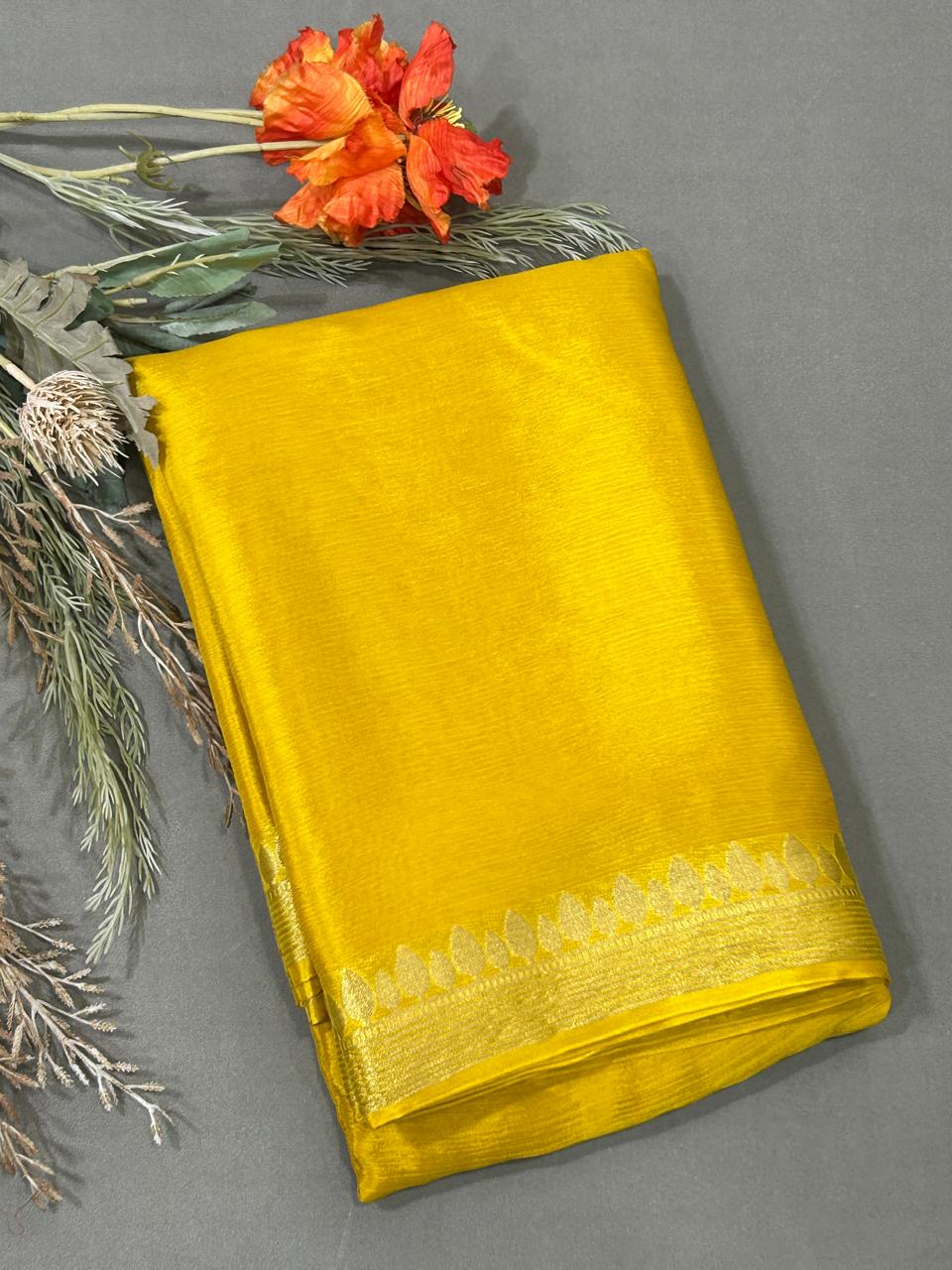 Mustard with golden zari border chinon silk saree