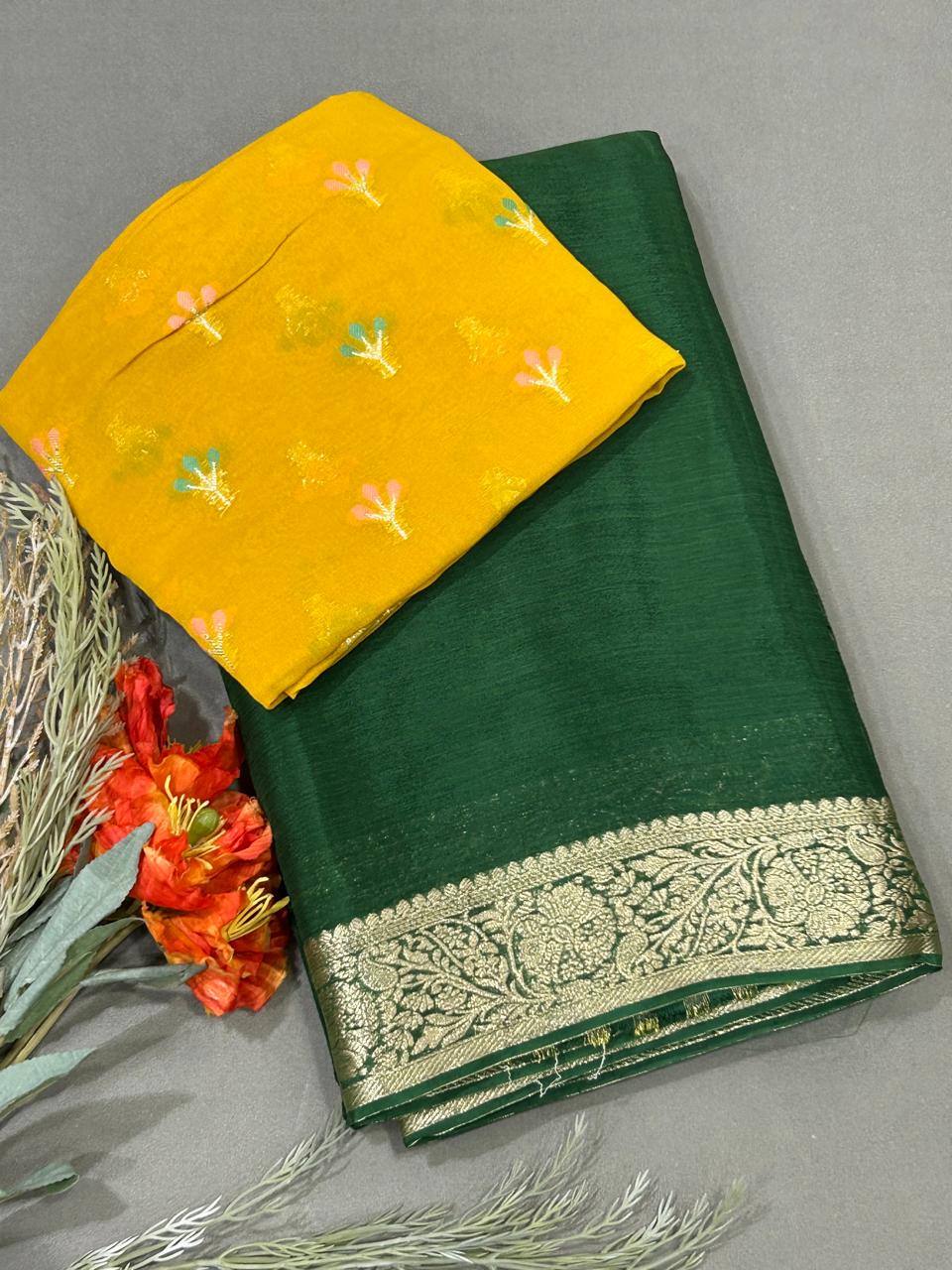 Bottle green with golden zari border chinon silk saree