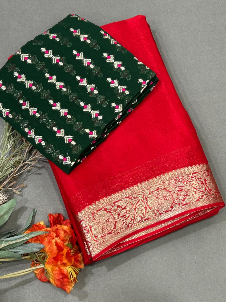 Red with golden zari border chinon silk saree