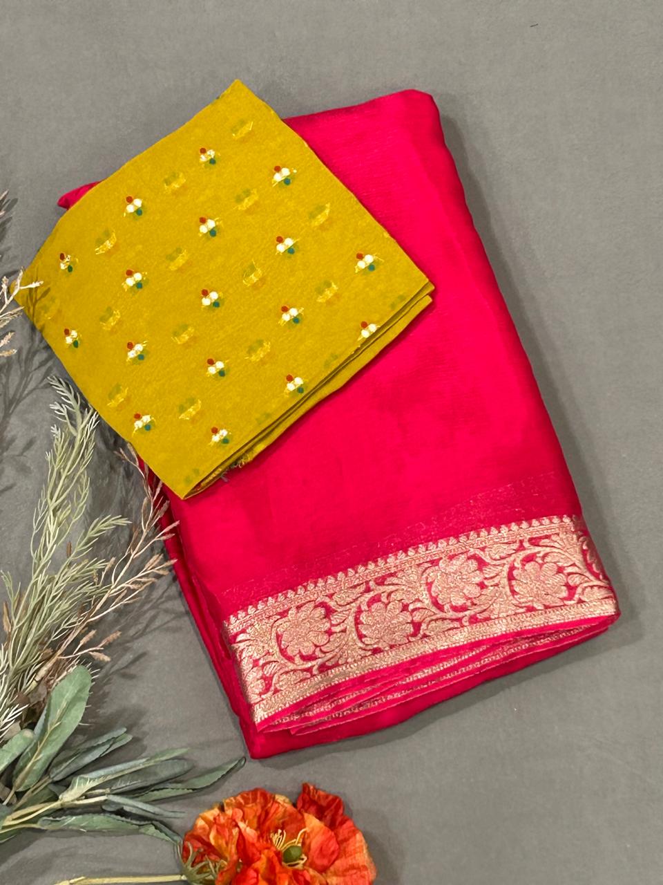 Pink with golden zari border chinon silk saree