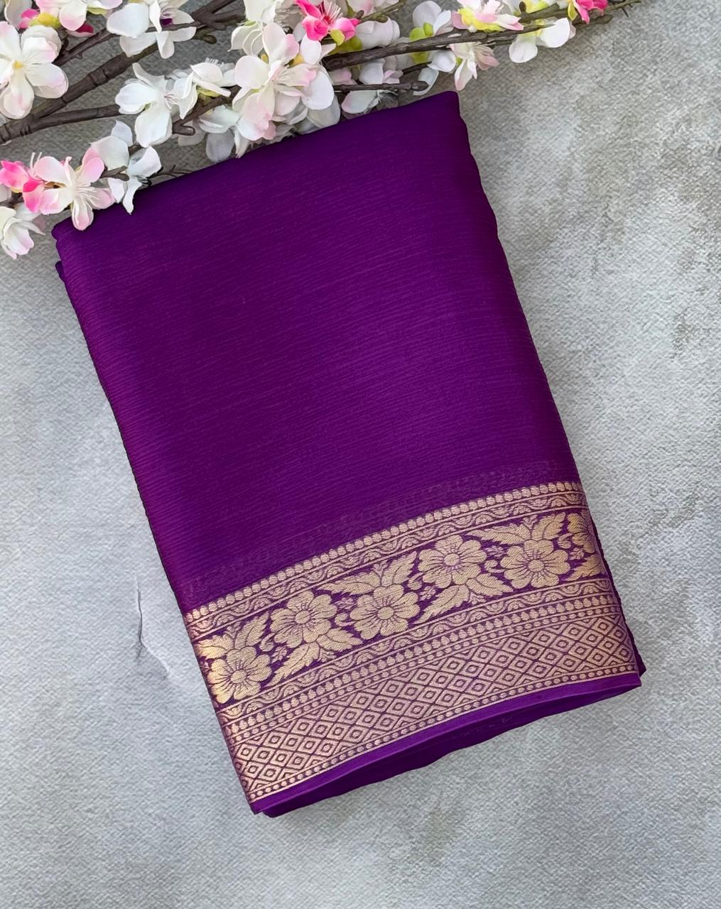 Purple plain chinon silk saree
