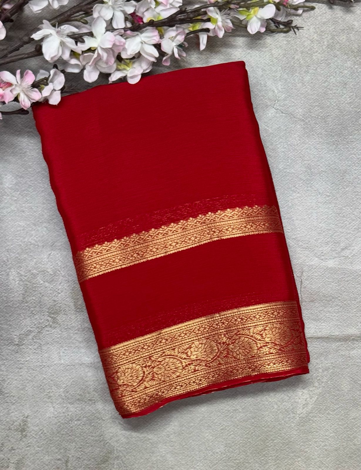 Red plain bentex border chinon silk saree