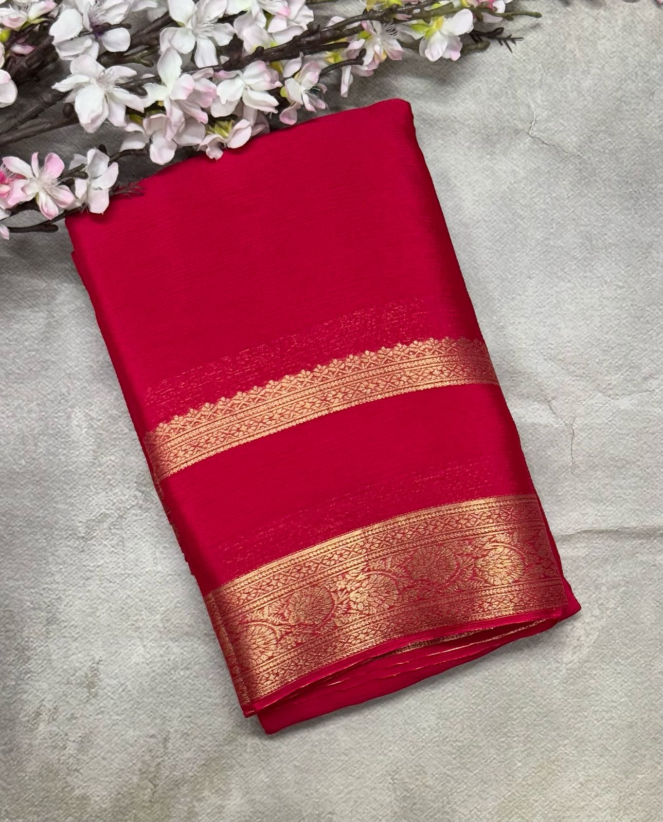 Rani pink plain bentex border chinon silk saree