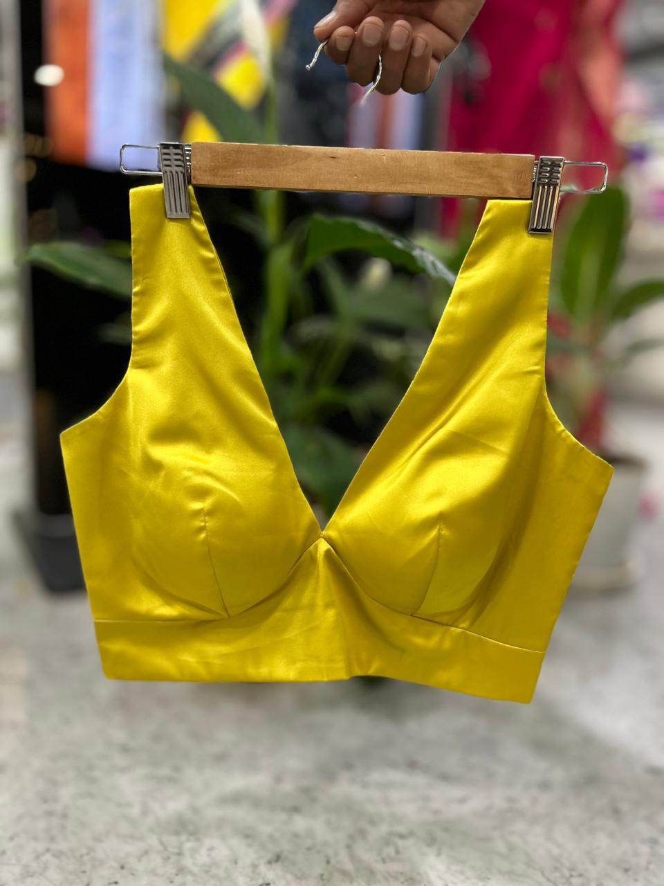 Yellow satin plain sleeveless blouse