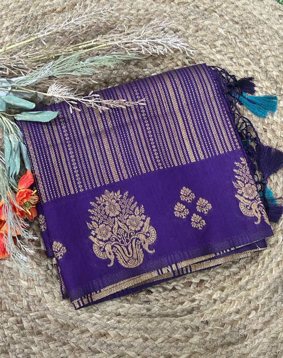 Navy blue stripes semi silk saree