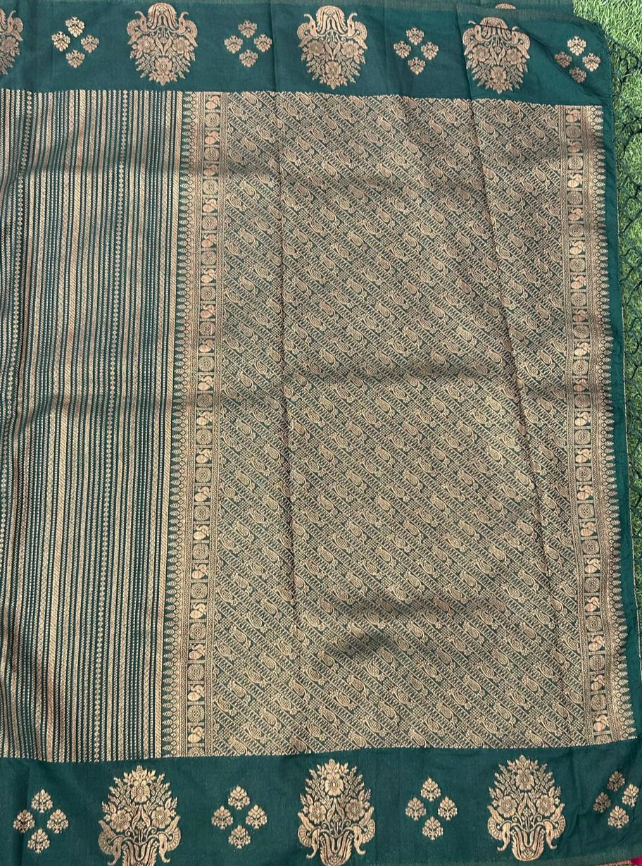 Bottle green stripes semi silk saree