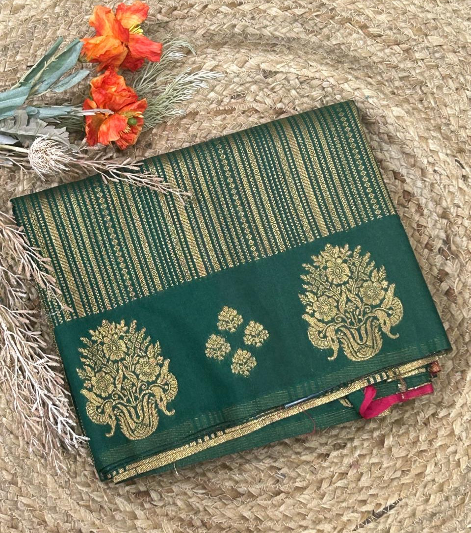 Bottle green stripes semi silk saree