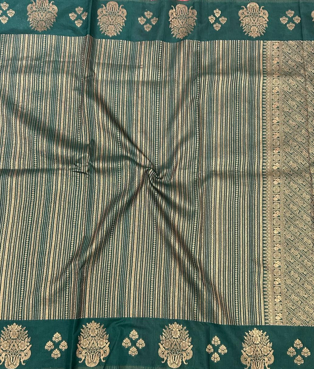 Bottle green stripes semi silk saree