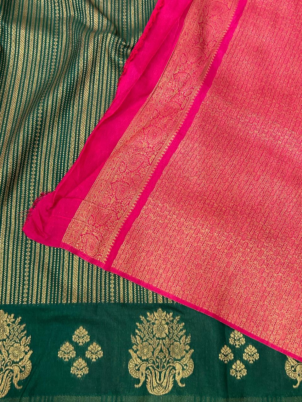 Bottle green stripes semi silk saree