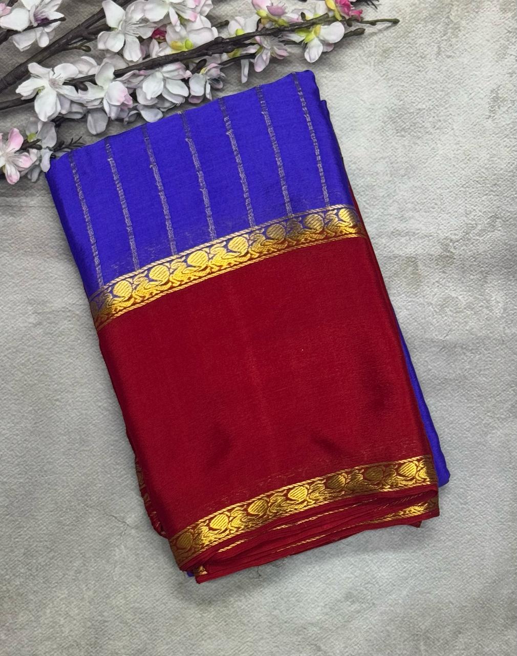 Pastel  blue n  red border pure wrinkle crepe silk saree