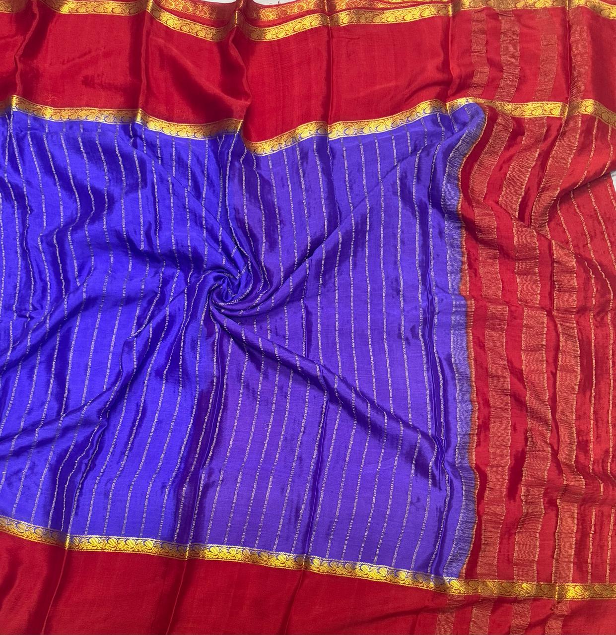 Pastel  blue n  red border pure wrinkle crepe silk saree