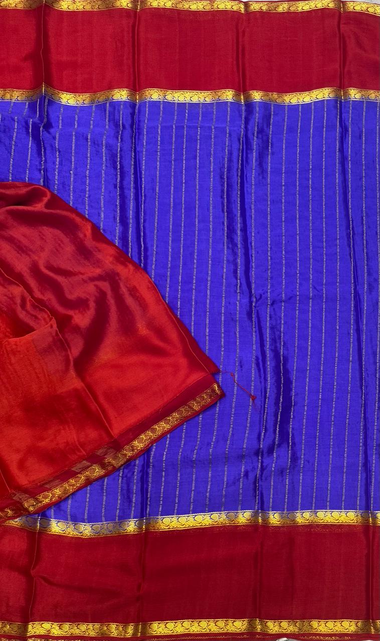 Pastel  blue n  red border pure wrinkle crepe silk saree