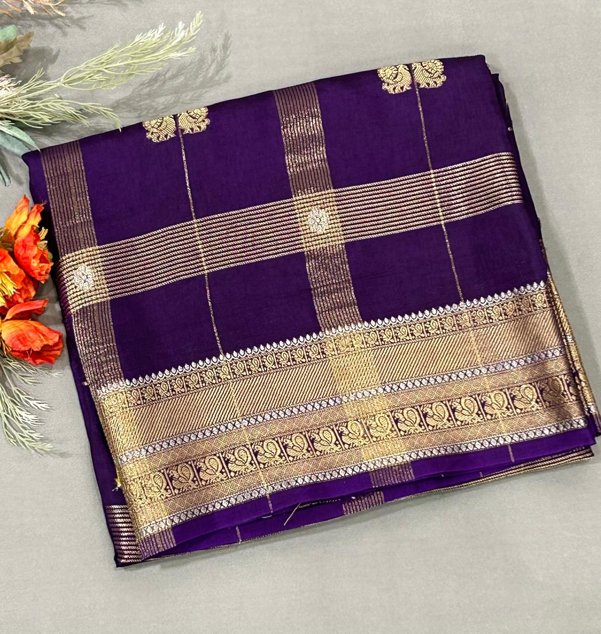 Purple checks with contrast blouse semi silk saree