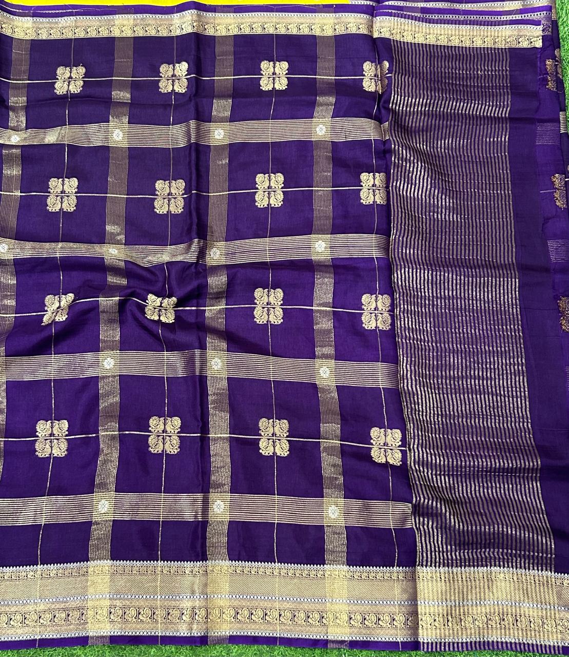 Purple checks with contrast blouse semi silk saree