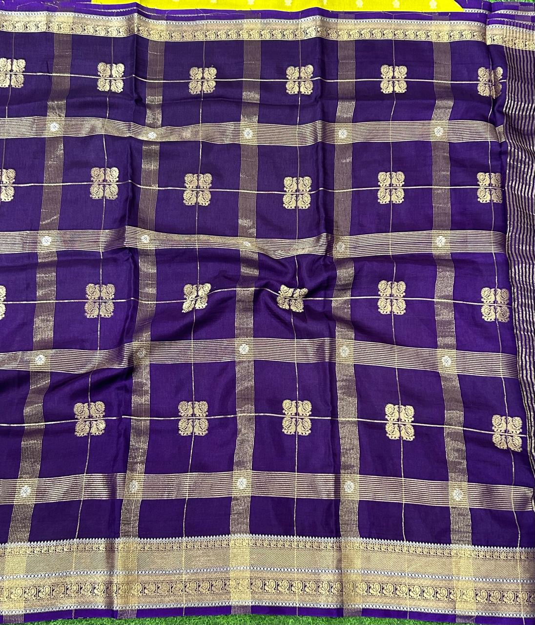 Purple checks with contrast blouse semi silk saree