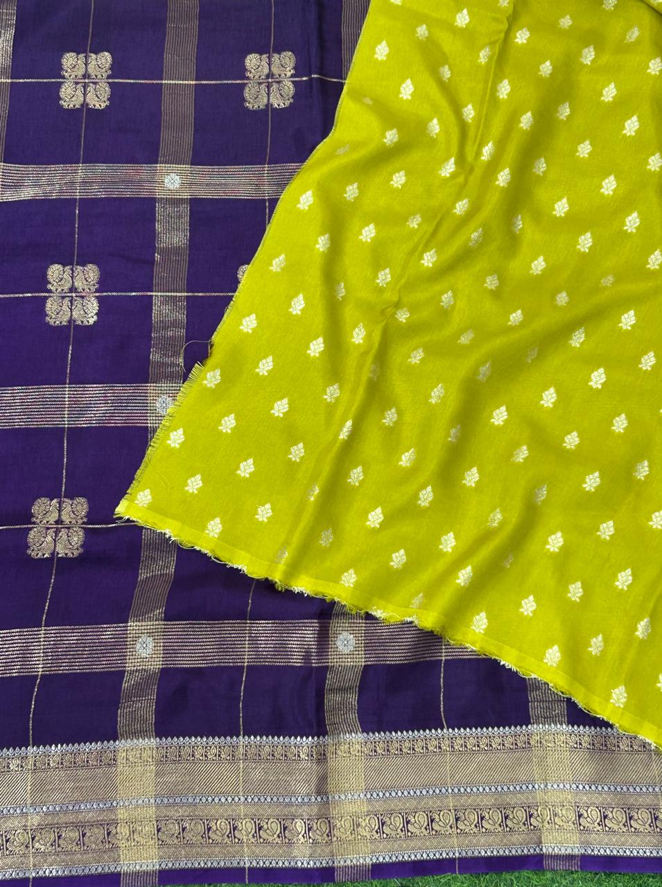 Purple checks with contrast blouse semi silk saree