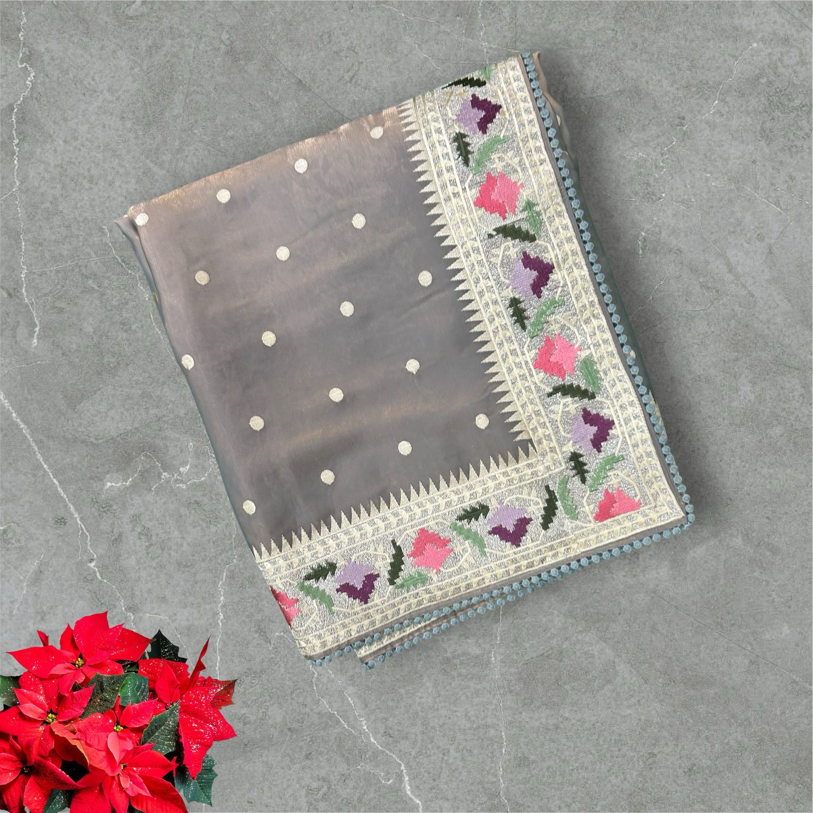 Grey tissue polka dots saree