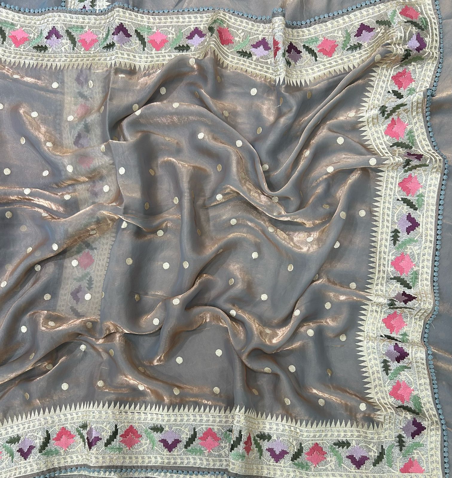 Grey tissue polka dots saree