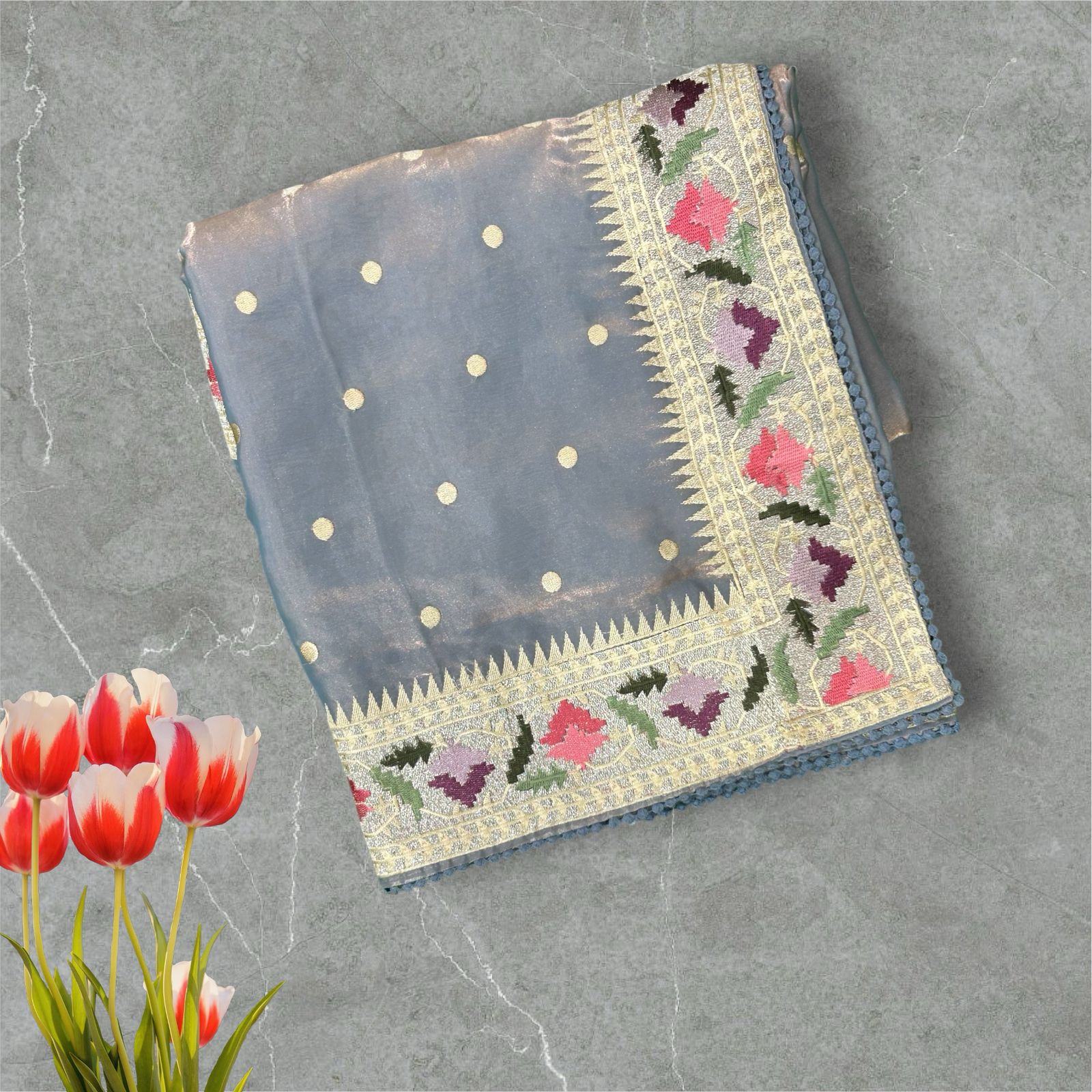 Pastel blue tissue polka dots saree