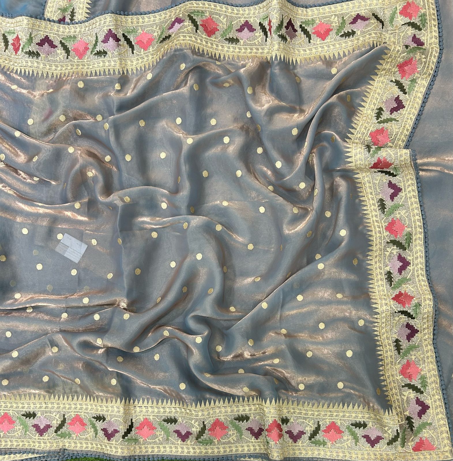 Pastel blue tissue polka dots saree