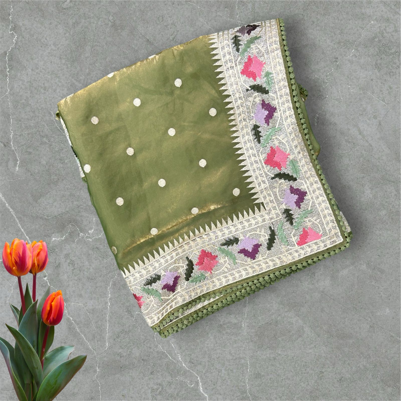 Pastel green tissue polka dots saree