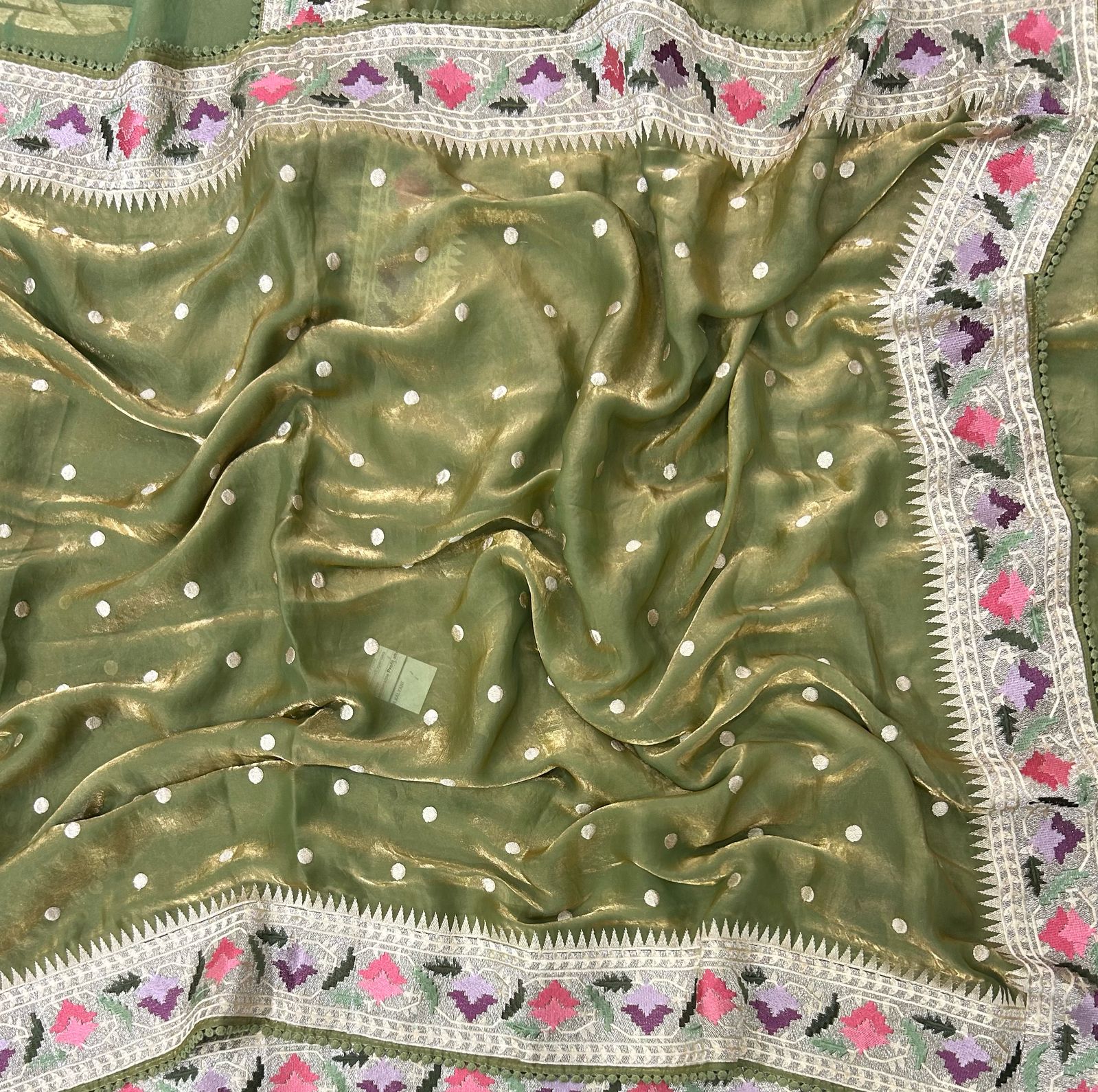 Pastel green tissue polka dots saree