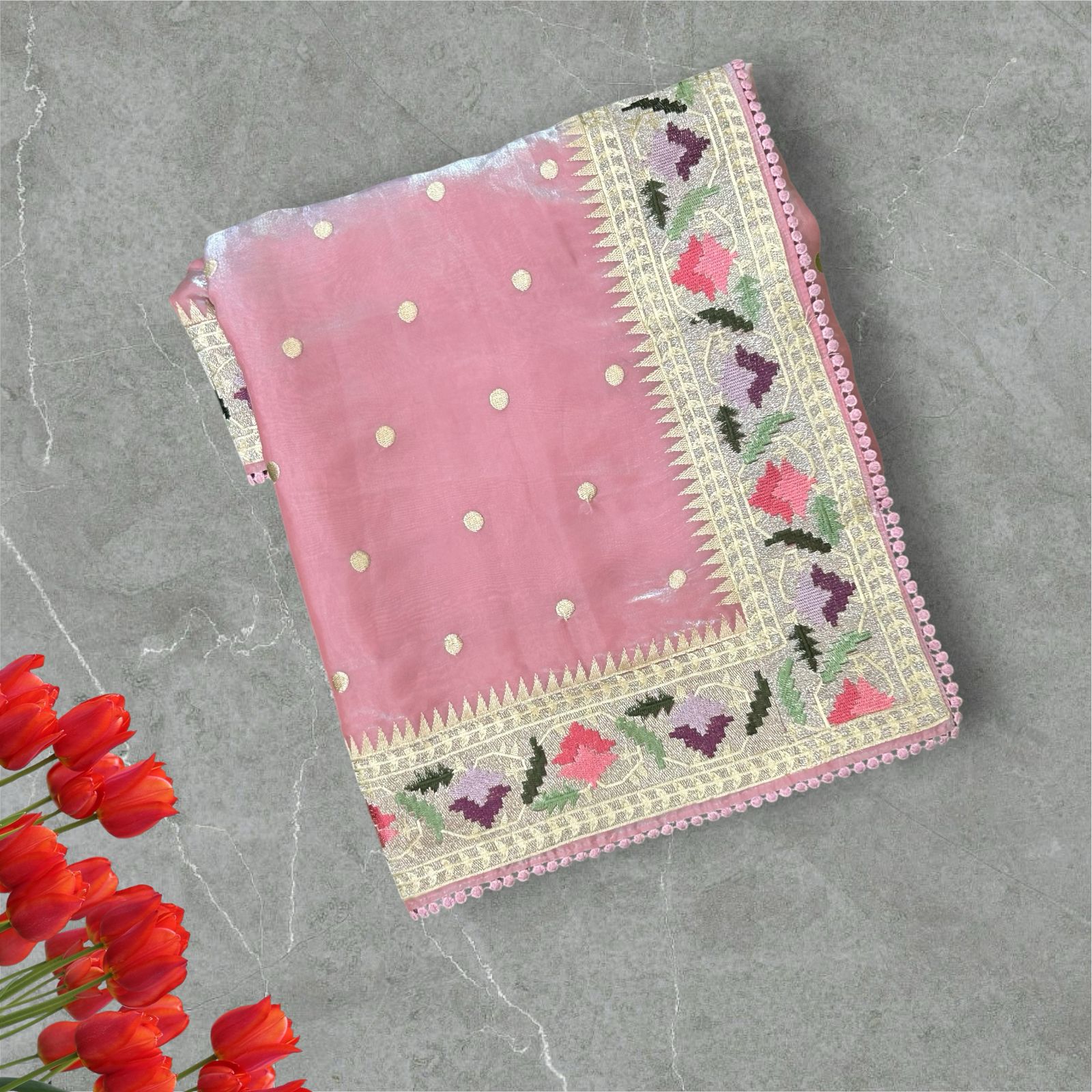 Baby pink tissue polka dots saree
