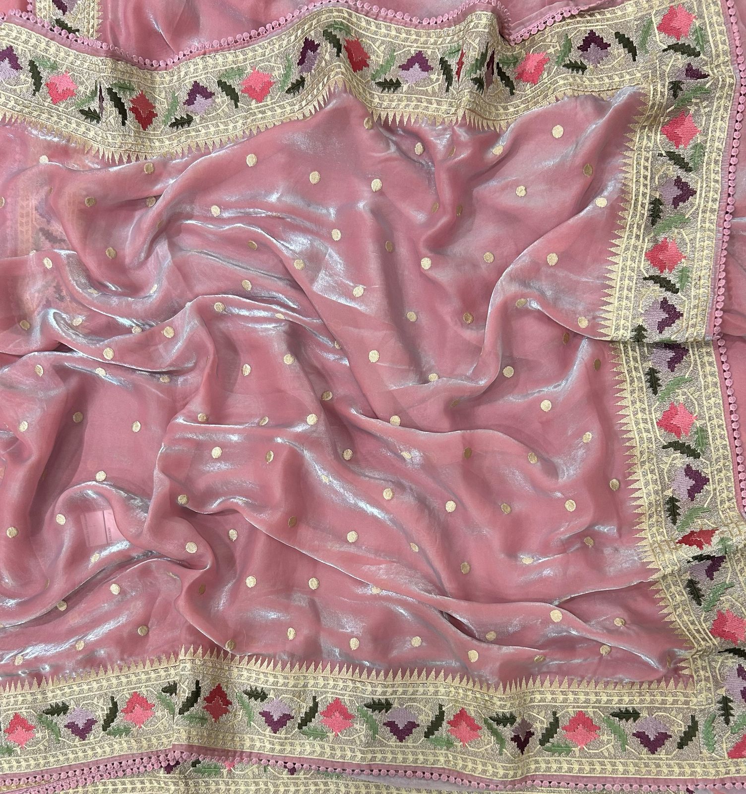 Baby pink tissue polka dots saree