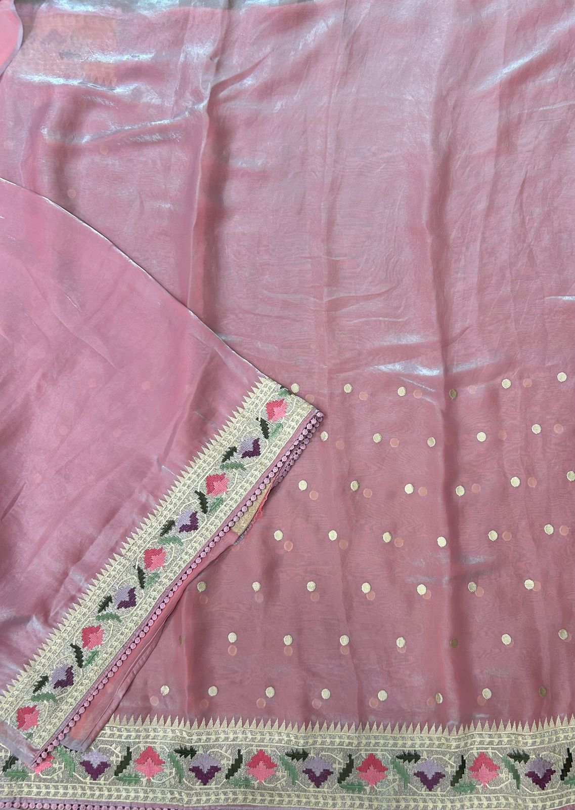 Baby pink tissue polka dots saree