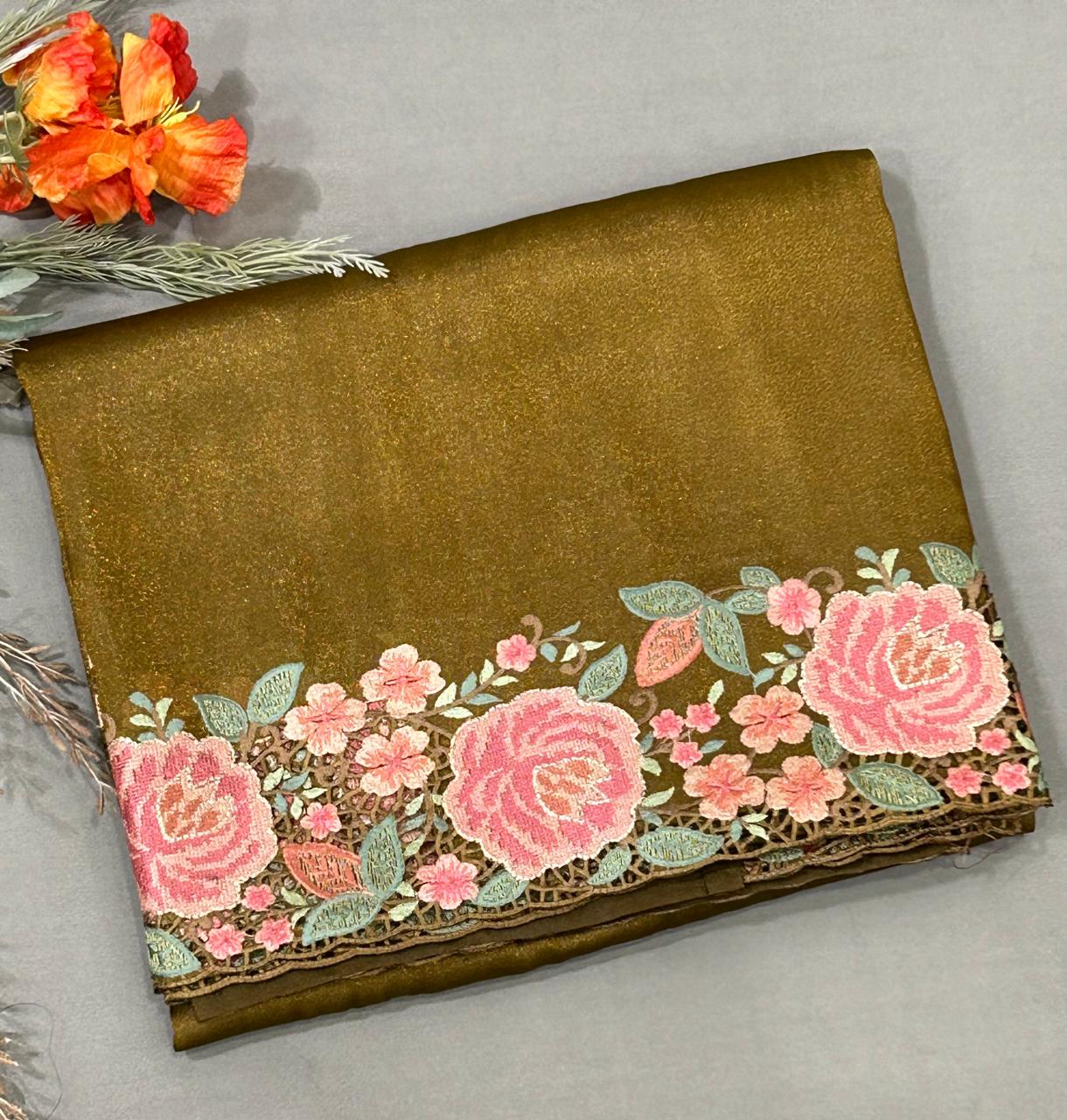 Copper gold Tussar tissue cut work saree