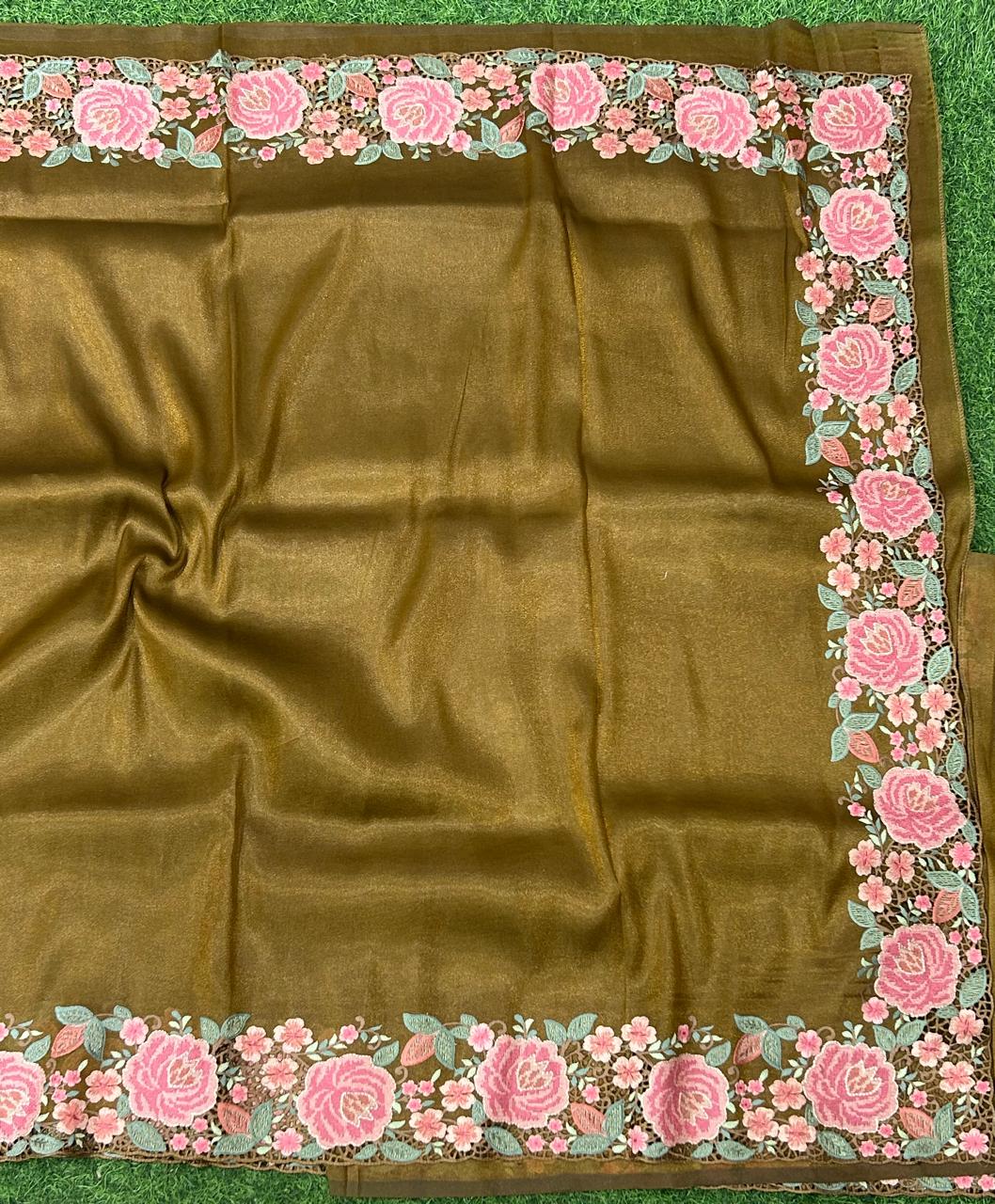 Copper gold Tussar tissue cut work saree