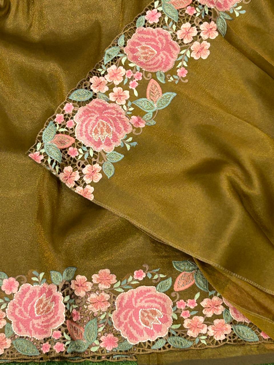 Copper gold Tussar tissue cut work saree