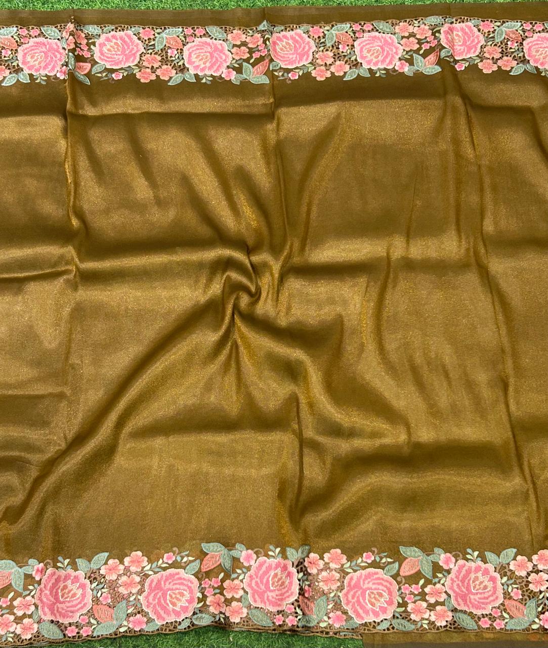 Copper gold Tussar tissue cut work saree