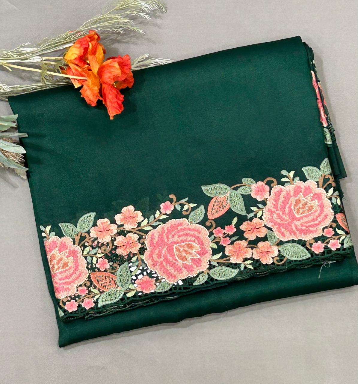 Green Tussar tissue cut work saree