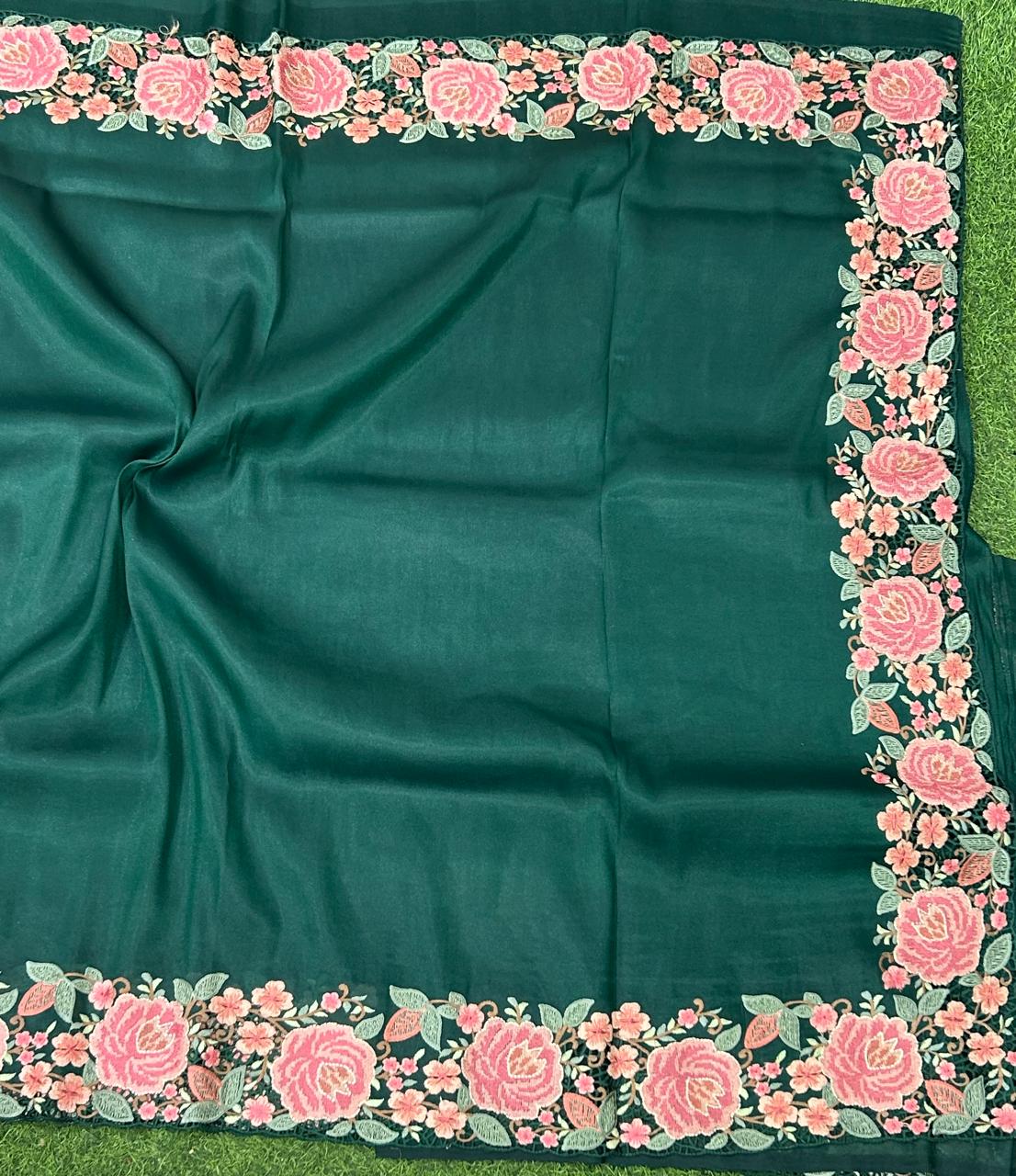 Green Tussar tissue cut work saree