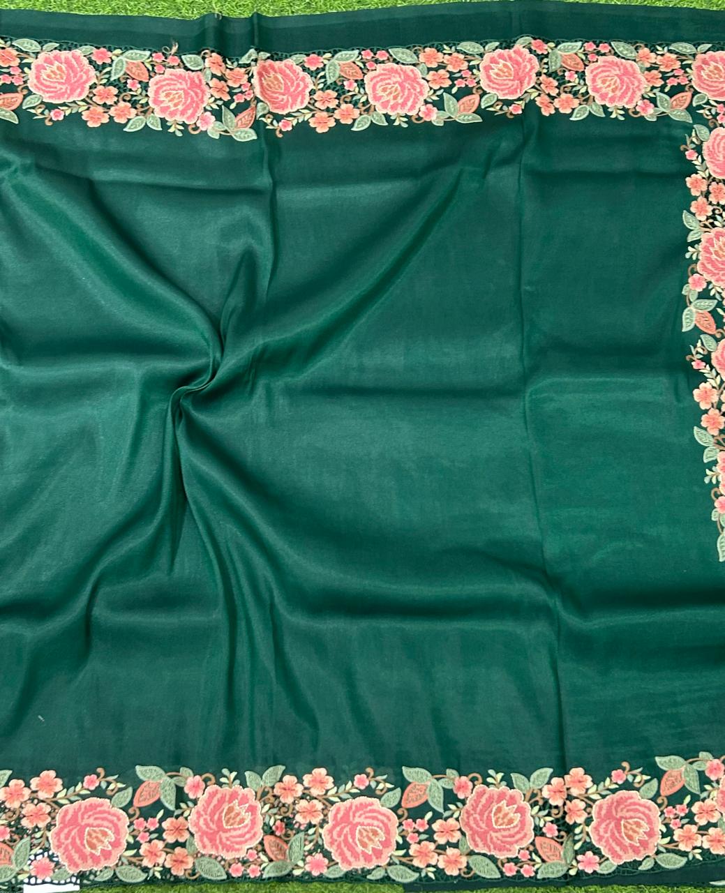 Green Tussar tissue cut work saree