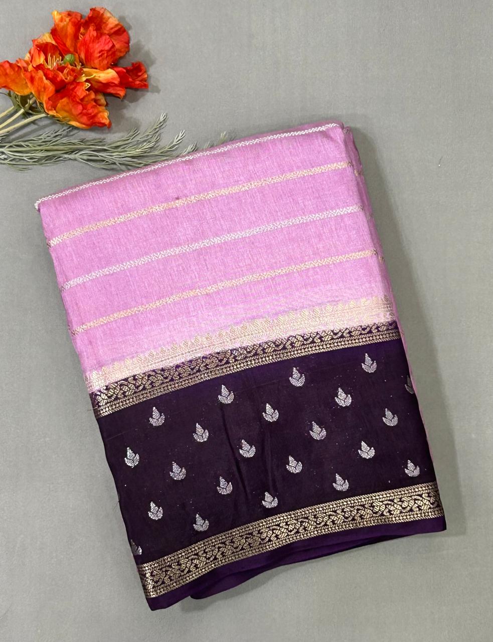 Baby pink  stripes semi crepe saree