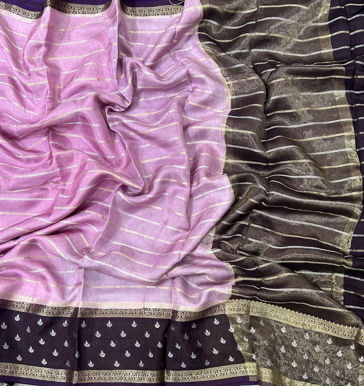 Baby pink  stripes semi crepe saree