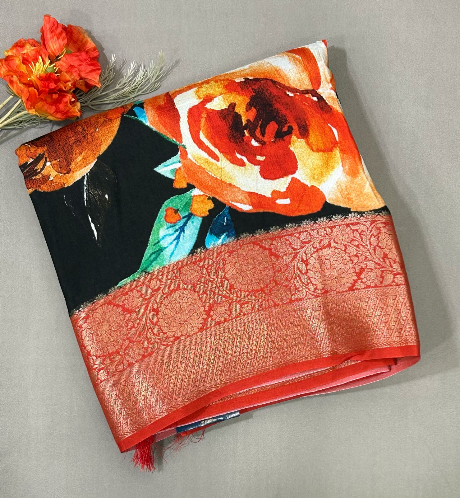 Black kalamkari printed crepe saree