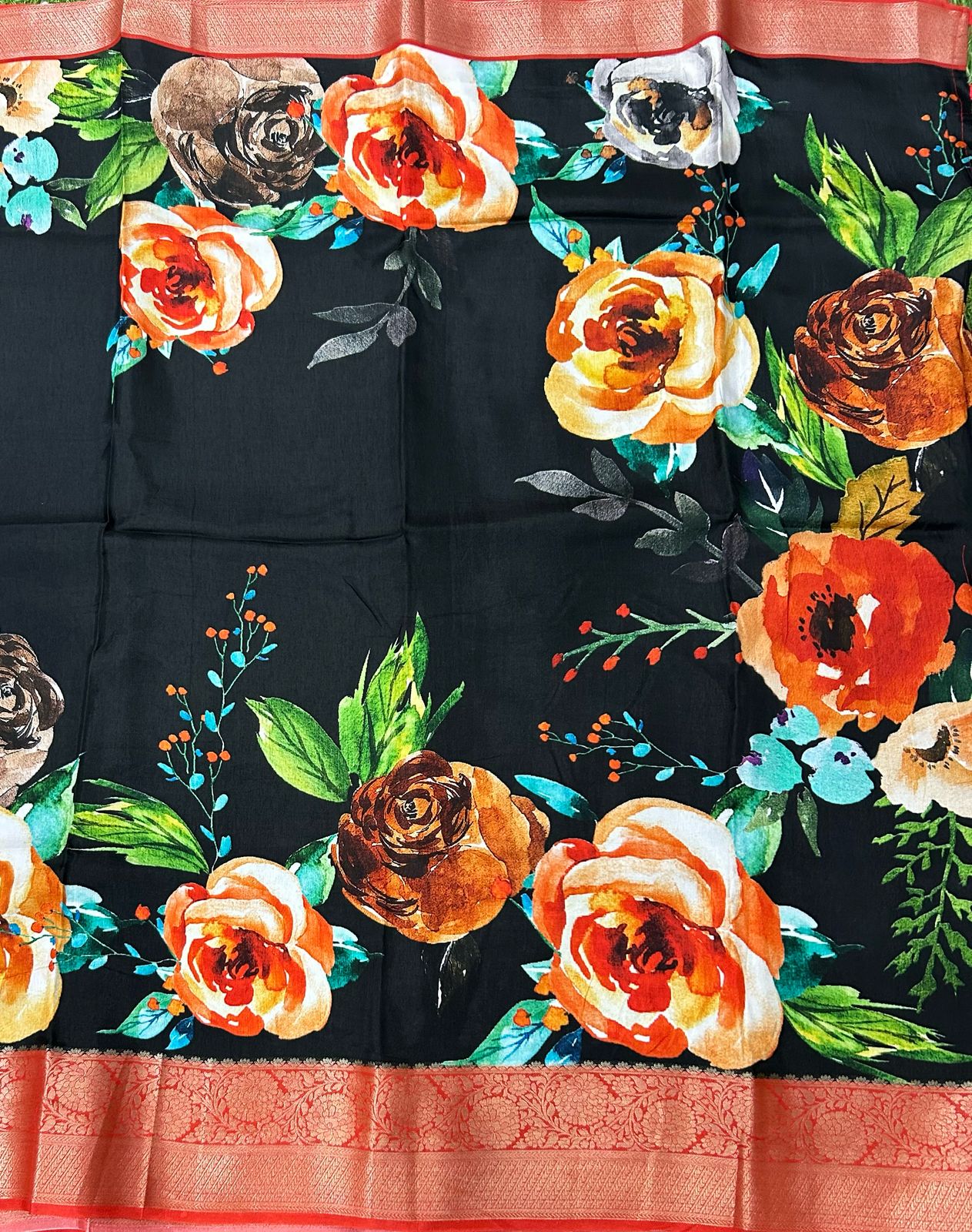 Black kalamkari printed crepe saree