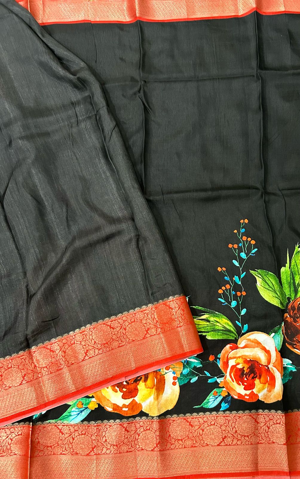 Black kalamkari printed crepe saree